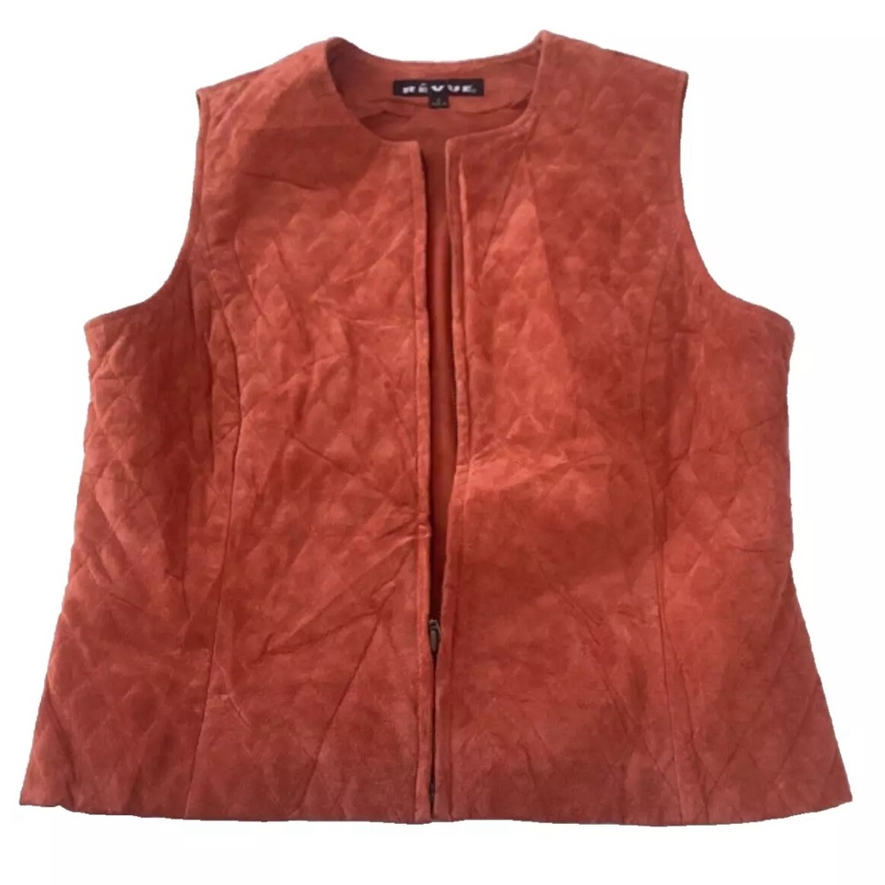 Revue Women's Sleeveless Quilted Vest Full Zip 100% Leather‎ Orange Size 10